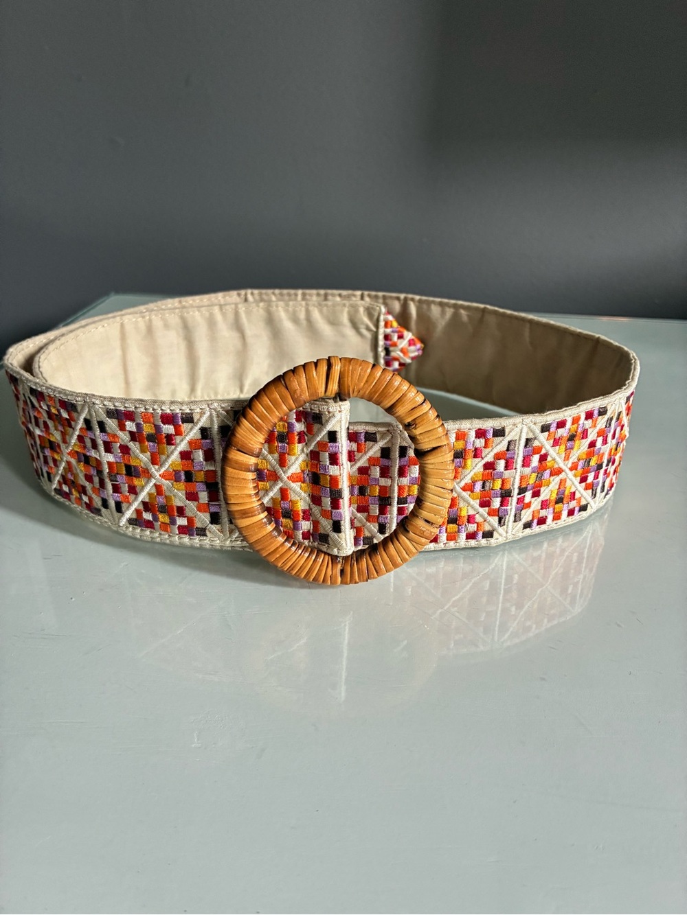 Woven Embroidered Rattan Buckle StatementBelt - Beige with Multicolor Embroidery